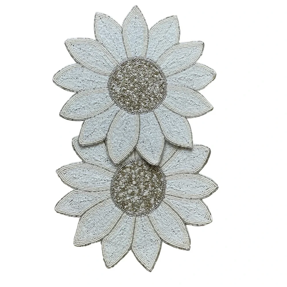 TAHARI HOME Glass Hand Beaded Charger Placemat 15in White Silver Floral NEW